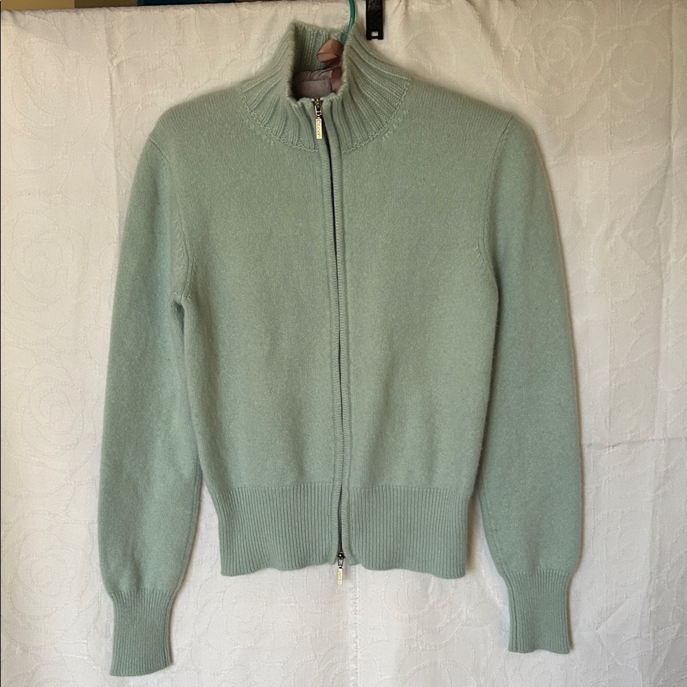 Cruciani Mint Green Front  Zip-Up Sweater. 100% Cashmere. Size Small.